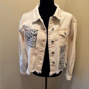 POL Cream Jean Jacket with Leopard Print